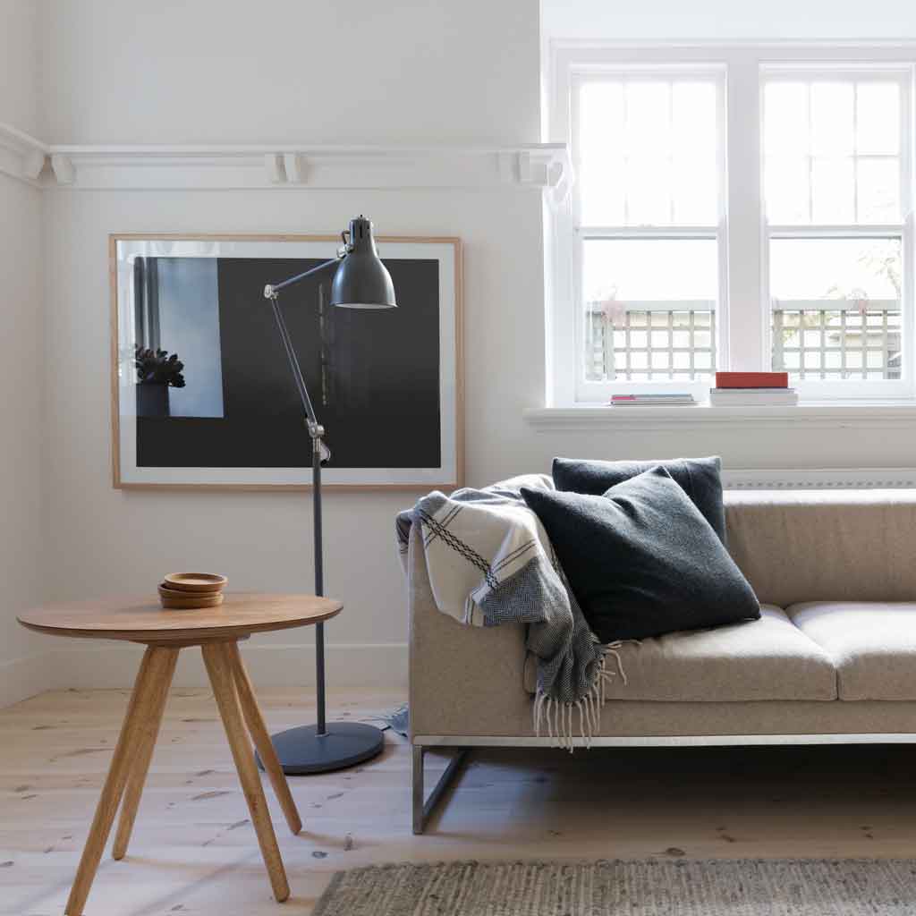 Scandi styled living room in art deco Australian apartment